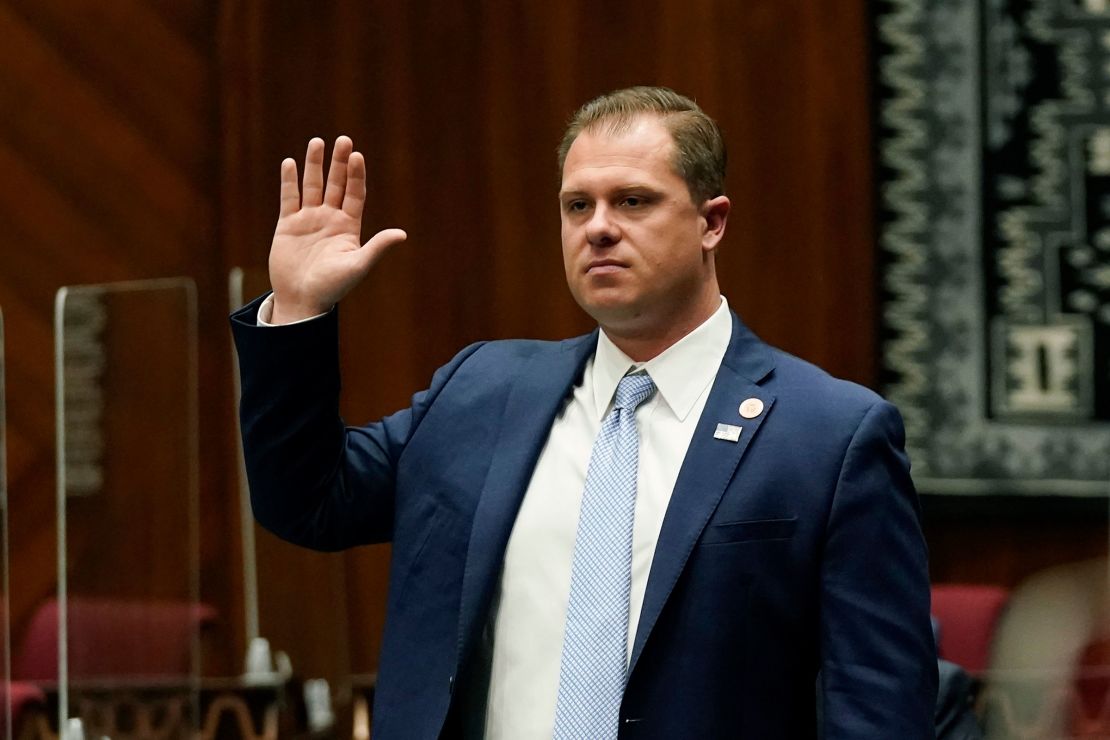 Rep. Jake Hoffman is sworn in during the opening of the Arizona Legislature at the state Capitol in 2021. 