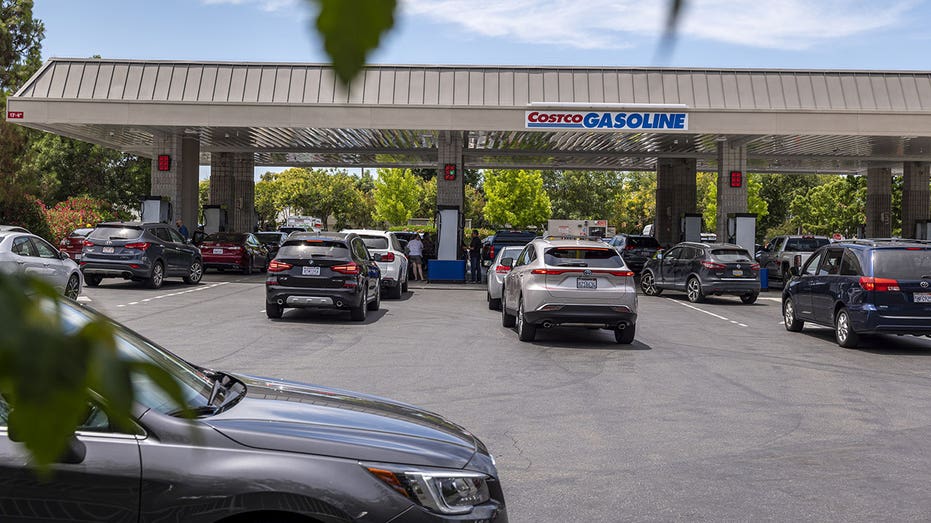 Customers line up at a Costco gas station in Concord, California, U.S., on Wednesday, June 22, 2022. President Joe Biden called on Congress to suspend the federal gasoline tax, a largely symbolic move by an embattled president running out of options to ease pump prices weighing on his party's political prospects. Photographer: David Paul Morris/Bloomberg via Getty Images